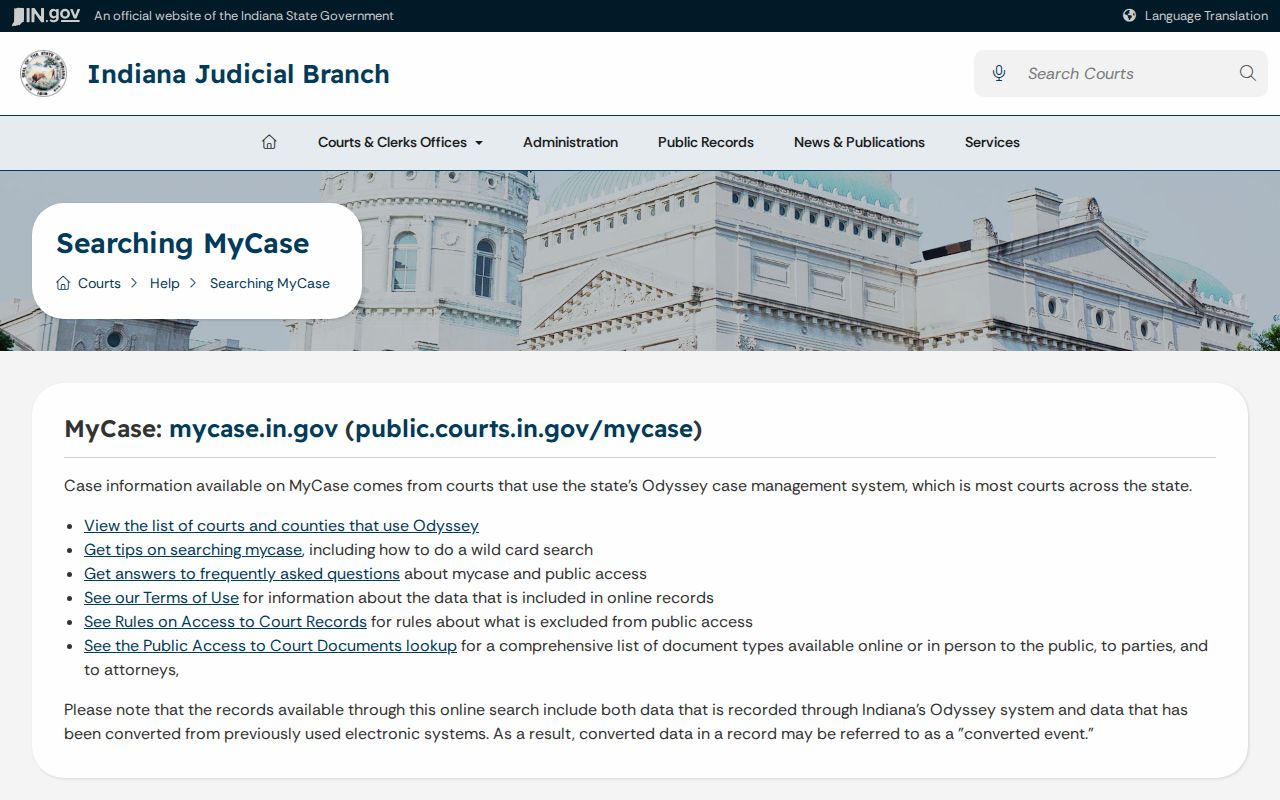 Indiana MyCase help page for public case access