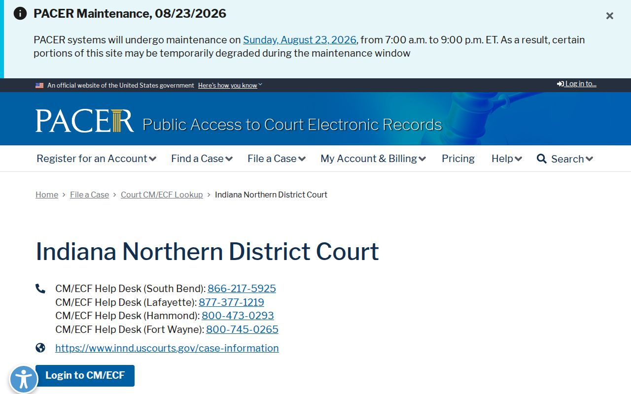 PACER CM ECF lookup for the Northern District of Indiana
