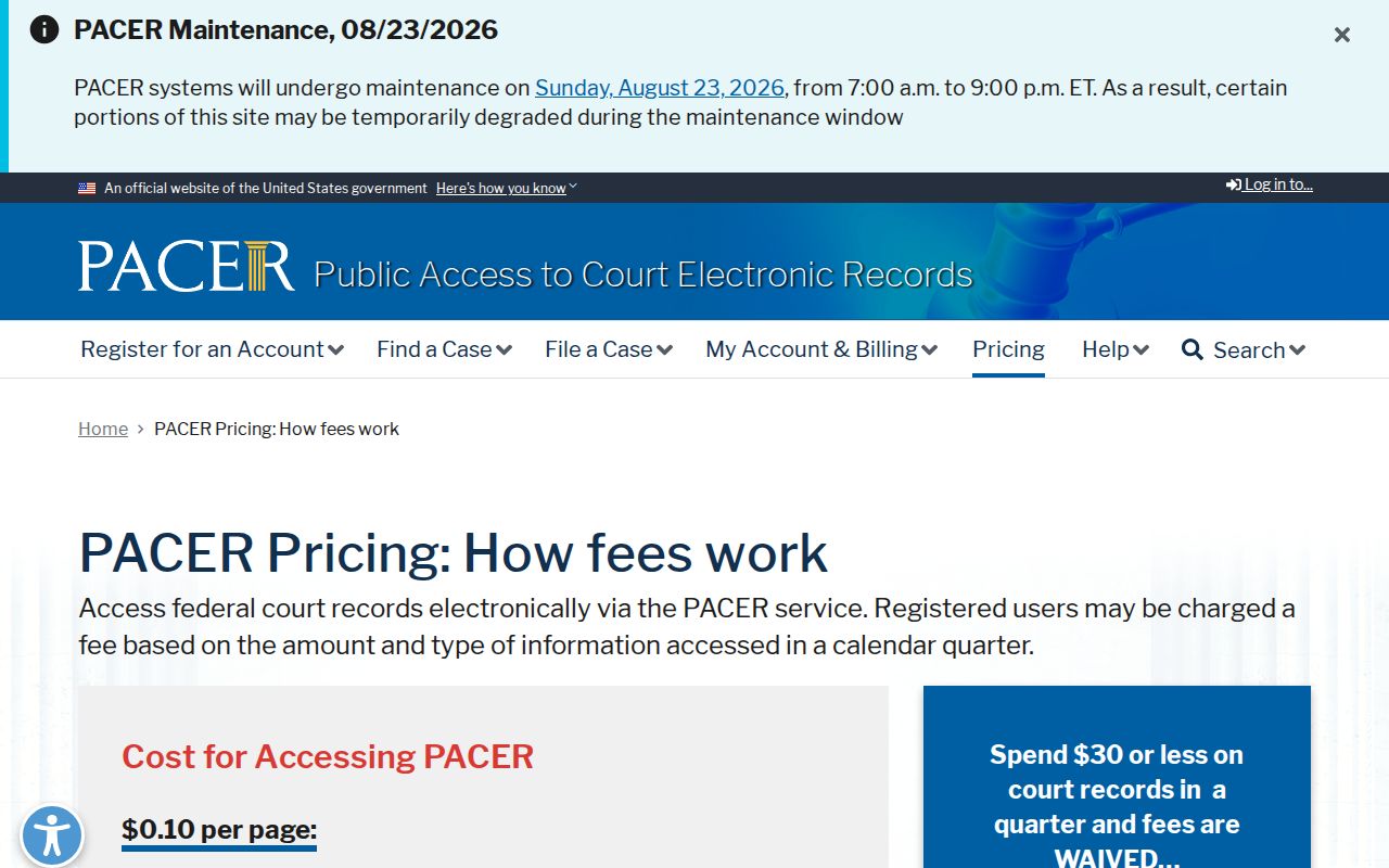 Official PACER pricing and fee information